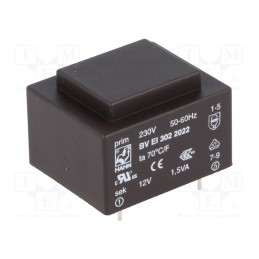 1 pcs x HAHN - BV EI 302 2022 - Transformer: encapsulated, 1.5VA, 230VAC, 12V, 125mA, PCB, BVEI