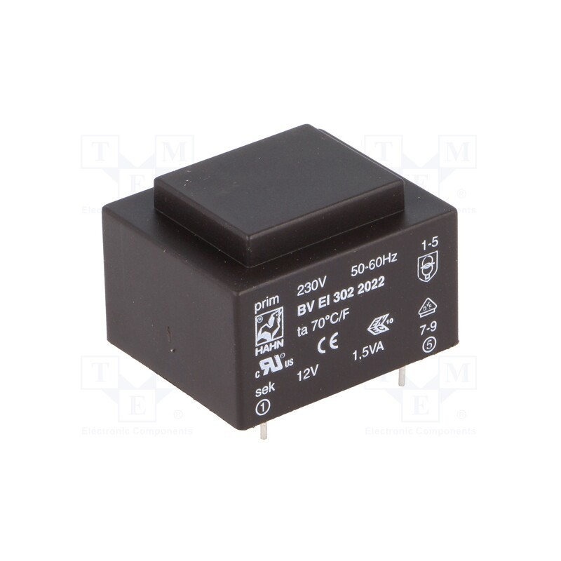 1 pcs x HAHN - BV EI 302 2022 - Transformer: encapsulated, 1.5VA, 230VAC, 12V, 125mA, PCB, BVEI