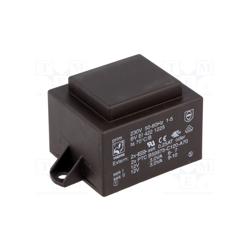 1 pcs x HAHN - BV EI 422 1225 - Transformer: encapsulated, 6VA, 230VAC, 12V, 12V, 250mA, 250mA, PCB