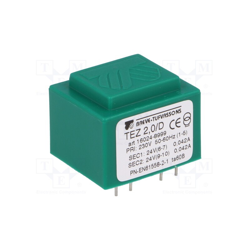 1 pcs x BREVE TUFVASSONS - TEZ2/D230/24-24V - Transformer: encapsulated, 2VA, 230VAC, 24V, 24V, 41.6mA, 41.6mA