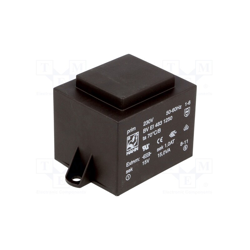 1 pcs x HAHN - BV EI 483 1250 - Transformer: encapsulated, 15VA, 230VAC, 15V, 1A, PCB, BVEI