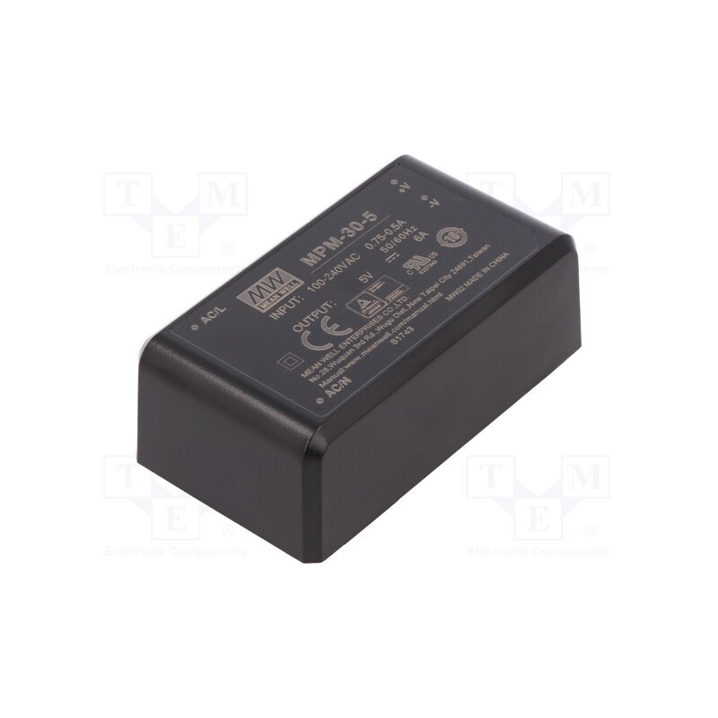 1 pcs x MEAN WELL - MPM-30-5 - Converter: AC/DC, 30W, 80÷264VAC, 5VDC, Iout: 6A, OUT: 1, 86.5%, PCB