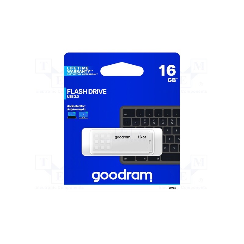 1 pcs x GOODRAM - UME2-0160W0R11 - Pendrive, USB 2.0, 16GB, R: 20MB/s, W: 5MB/s, USB A, white