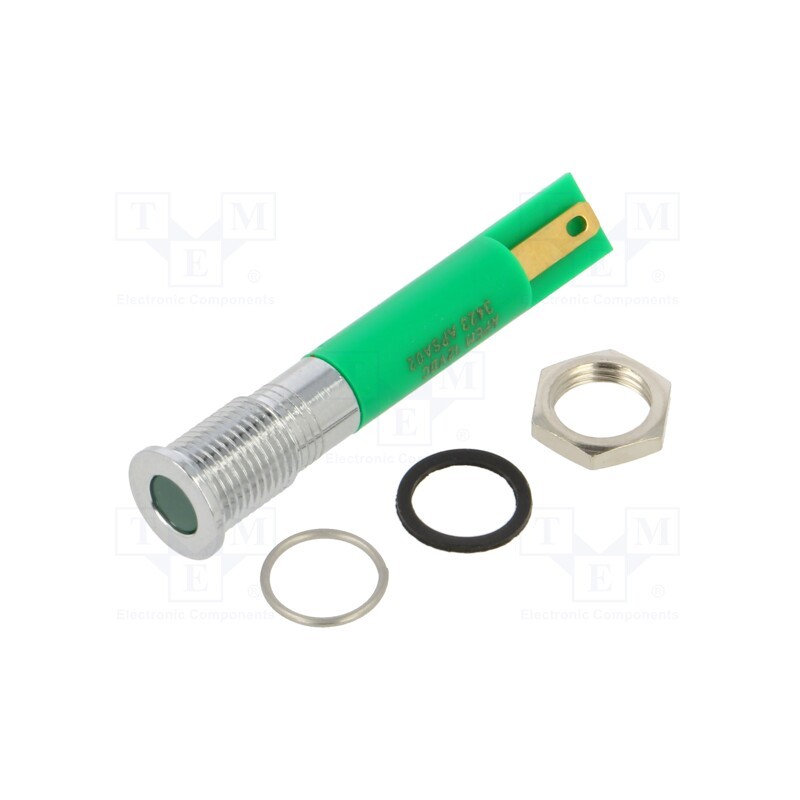 1 pcs x APEM - Q8F1CXXG12E - Indicator: LED, flat, green, Ø8mm, IP67, brass, ØLED: 5mm, Body: green