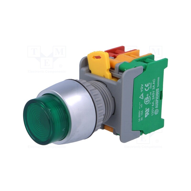1 pcs x AUSPICIOUS - LBL22-1O/C G, W/O LAMP - Switch: push-button, 22mm, Stabl.pos: 1, NC + NO, green, 3A/230VAC