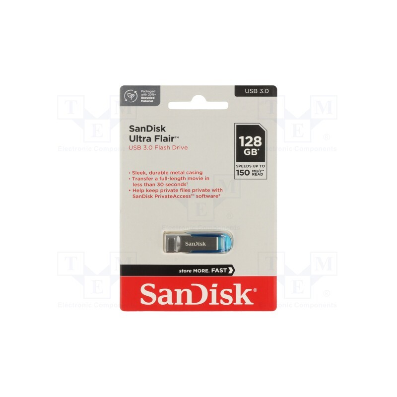 1 pcs x SANDISK - SDCZ73-128G-G46B - Pendrive, USB 3.0, 128GB, R: 150MB/s, USB A, ULTRA FLAIR, blue