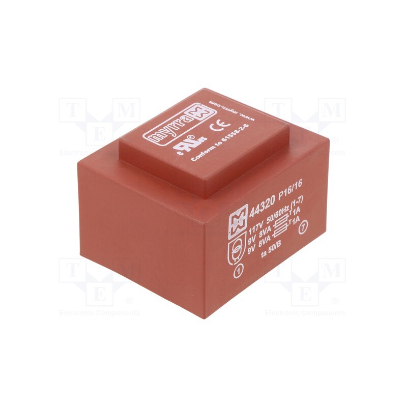 1 pcs x MYRRA - 44320 - Transformer: encapsulated, 16VA, 117VAC, 9V, 9V, 889mA, 889mA, PCB