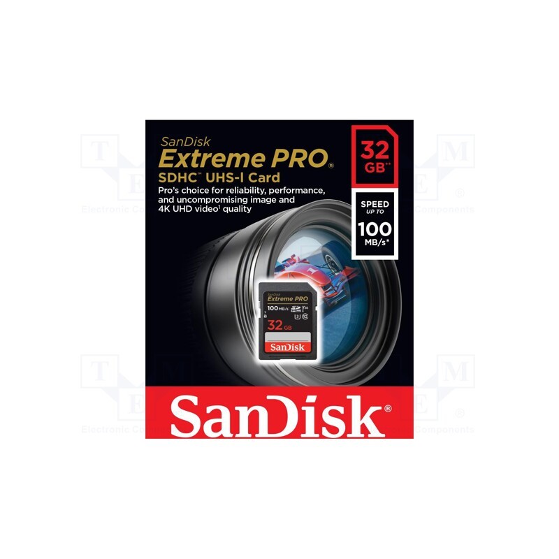 1 pcs x SANDISK - SDSDXXO-032G-GN4IN - Memory card, Extreme Pro, SDHC, R: 100MB/s, W: 90MB/s, UHS I U3 V30