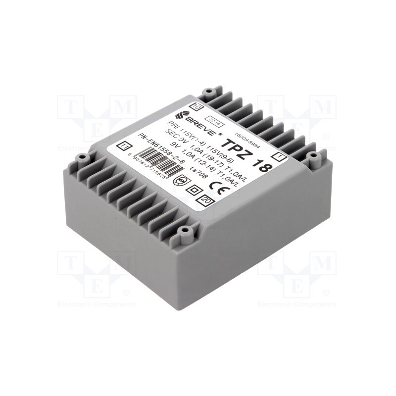1 pcs x BREVE TUFVASSONS - TPZ18/2*115/2*9V - Transformer: mains, 18VA, 115VAC,230VAC, 9V, 9V, PCB, IP00