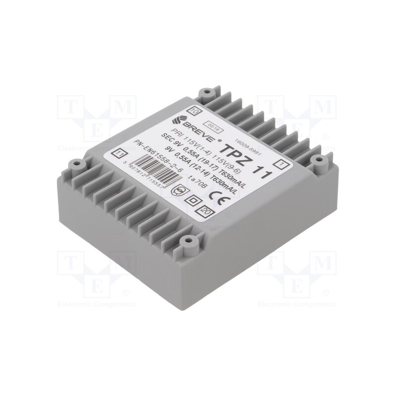 1 pcs x BREVE TUFVASSONS - TPZ11/2*115/2*9V - Transformer: mains, 11VA, 115VAC,230VAC, 9V, 9V, PCB, IP00