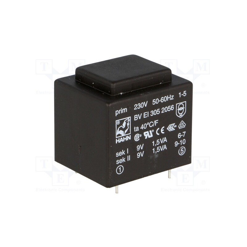 1 pcs x HAHN - BV EI 305 2056 - Transformer: encapsulated, 3VA, 230VAC, 9V, 9V, 167mA, 167mA, PCB