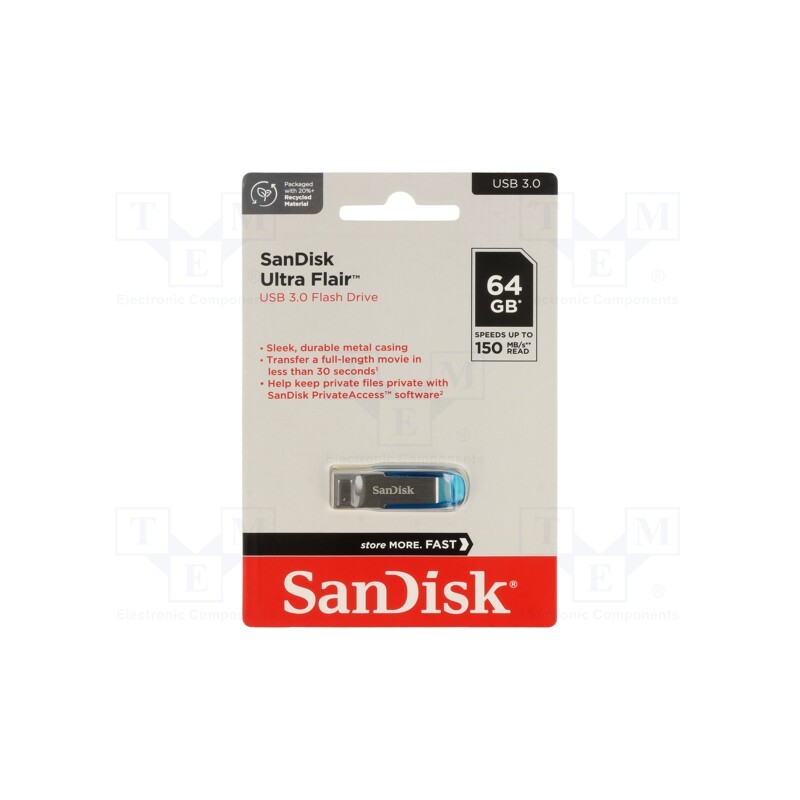 1 pcs x SANDISK - SDCZ73-064G-G46B - Pendrive, USB 3.0, 64GB, R: 150MB/s, USB A, ULTRA FLAIR, blue