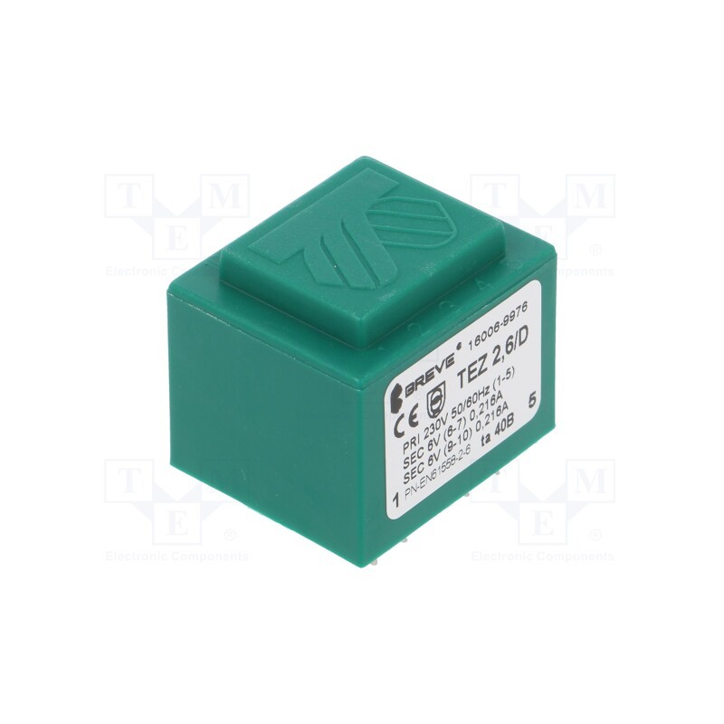1 pcs x BREVE TUFVASSONS - TEZ2.6/D230/6-6V TA40 - Transformer: encapsulated, 2.6VA, 230VAC, 6V, 6V, 217mA, 217mA, PCB