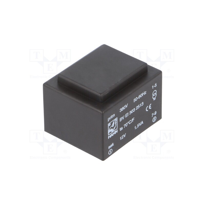 1 pcs x HAHN - BV EI 303 2513 - Transformer: encapsulated, 1.5VA, 380VAC, 12V, 125mA, PCB, BVEI