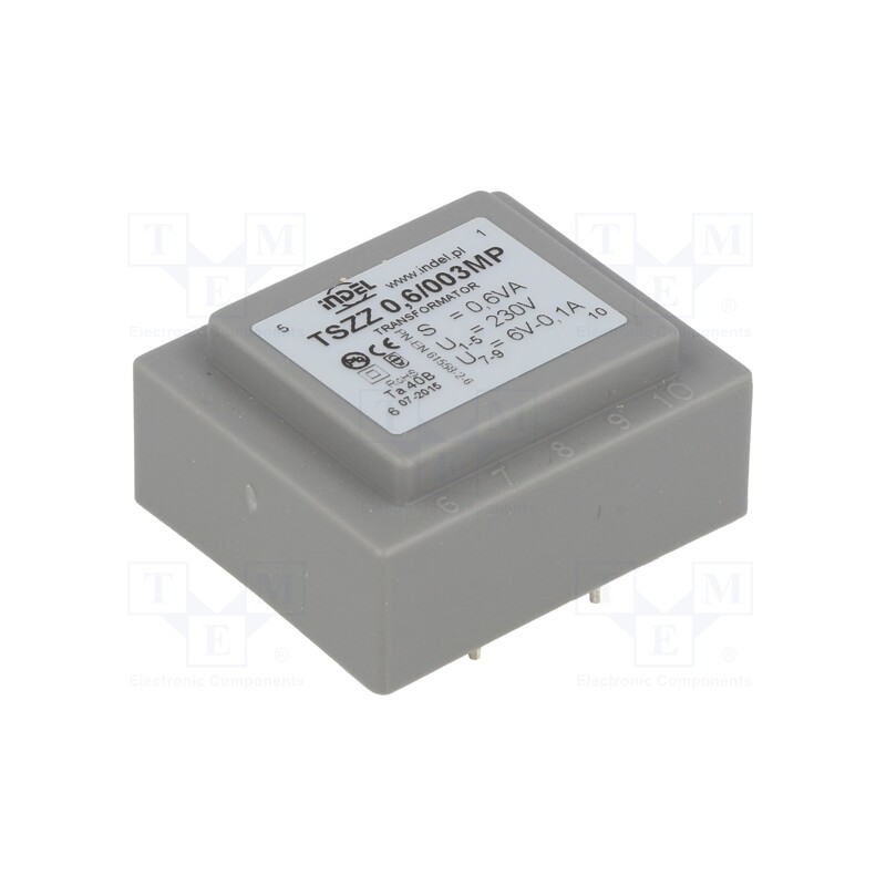 1 pcs x INDEL - TSZZ0.6/003MP - Transformer: encapsulated, 0.6VA, 230VAC, 6V, 100mA, PCB, IP00