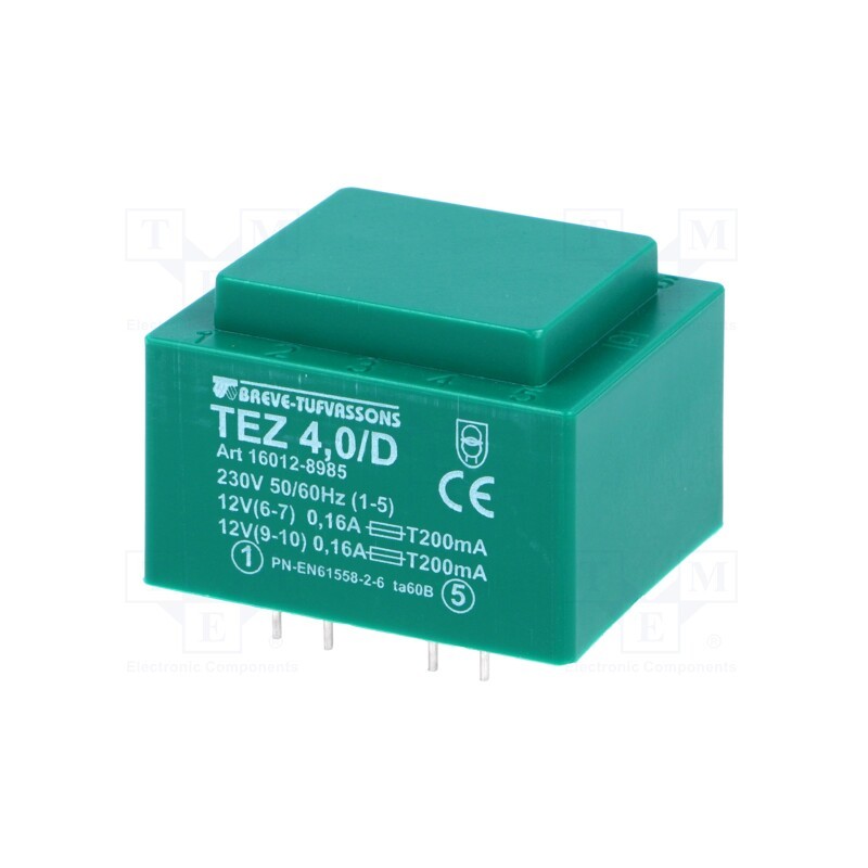 1 pcs x BREVE TUFVASSONS - TEZ4/D230/12-12V - Transformer: encapsulated, 4VA, 230VAC, 12V, 12V, 166.6mA, 166.6mA