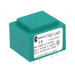 1 pcs x BREVE TUFVASSONS - TEZ2/D230/10.5-10.5V - Transformer: encapsulated, 2VA, 230VAC, 10.5V, 10.5V, 95.2mA, PCB