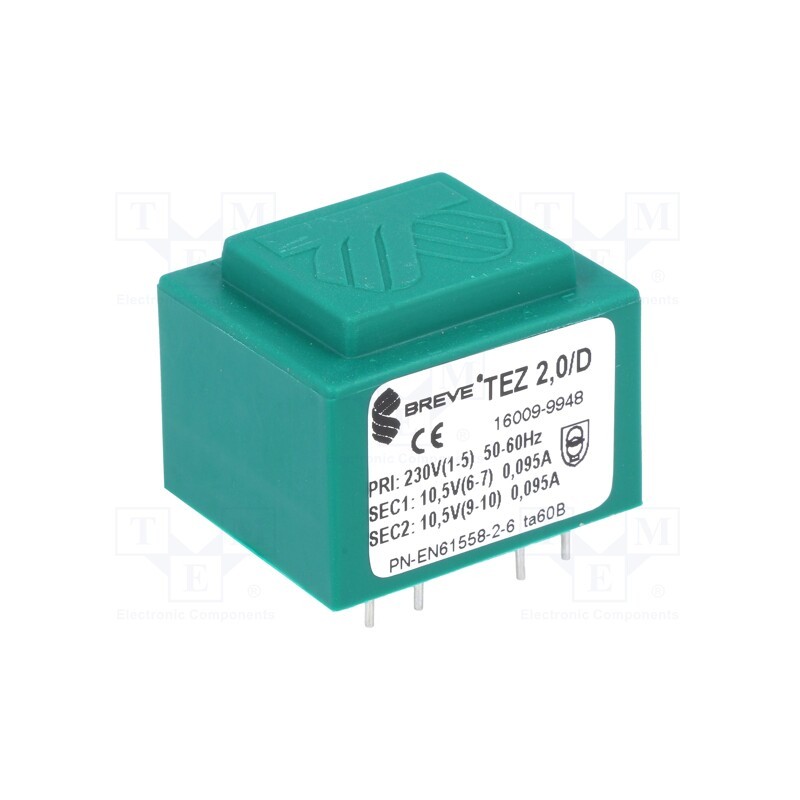 1 pcs x BREVE TUFVASSONS - TEZ2/D230/10.5-10.5V - Transformer: encapsulated, 2VA, 230VAC, 10.5V, 10.5V, 95.2mA, PCB