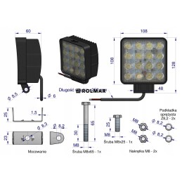 Square work lamp 48w 16 led glanz l0115g