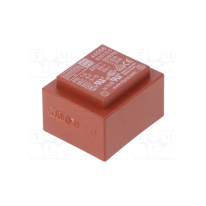 1 pcs x MYRRA - 44056 - Transformer: encapsulated, 1VA, 230VAC, 9V, 9V, 56mA, 56mA, PCB