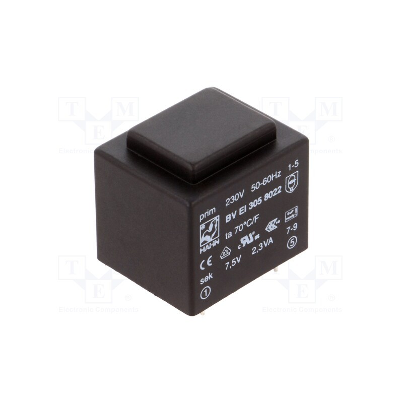 1 pcs x HAHN - BV EI 305 8022 - Transformer: encapsulated, 2.3VA, 230VAC, 7.5V, 307mA, PCB, BVEI