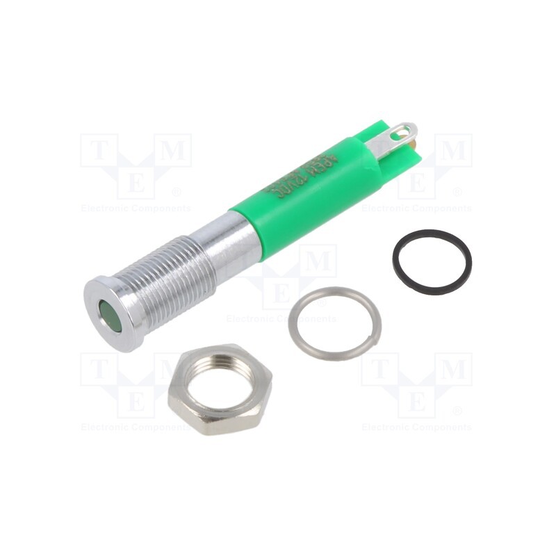 1 pcs x APEM - Q6F1CXXG12E - Indicator: LED, flat, green, Ø6mm, IP67, brass, ØLED: 3mm, Body: green