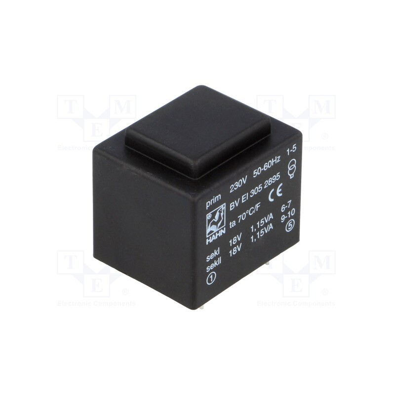 1 pcs x HAHN - BV EI 305 2895 - Transformer: encapsulated, 2.3VA, 230VAC, 18V, 18V, 64mA, 64mA, PCB