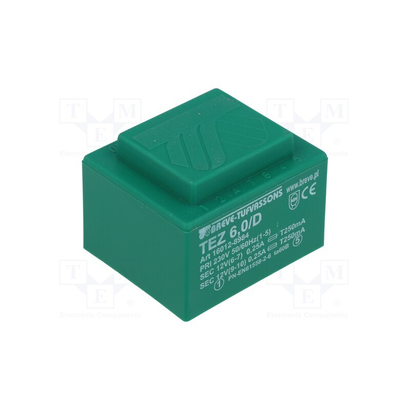 1 pcs x BREVE TUFVASSONS - TEZ6/D230/12-12V - Transformer: encapsulated, 6VA, 230VAC, 12V, 12V, 250mA, 250mA, PCB