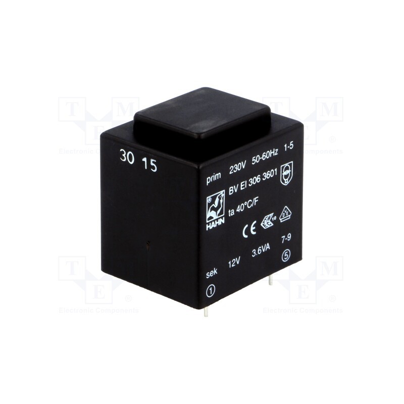 1 pcs x HAHN - BV EI 306 3601 - Transformer: encapsulated, 3.6VA, 230VAC, 12V, 300mA, PCB, BVEI
