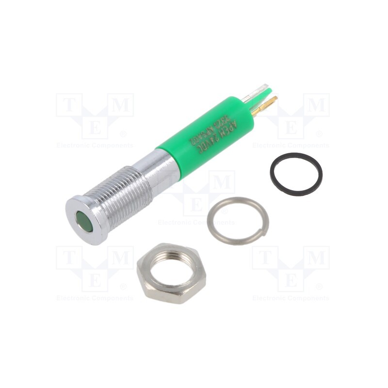 1 pcs x APEM - Q6F1CXXG24E - Indicator: LED, flat, green, Ø6mm, IP67, brass, ØLED: 3mm, Body: green