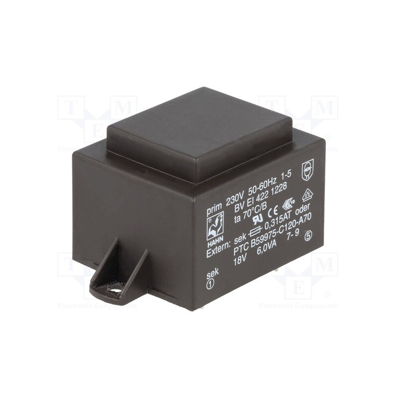 1 pcs x HAHN - BV EI 422 1228 - Transformer: encapsulated, 6VA, 230VAC, 18V, 334mA, PCB, BVEI