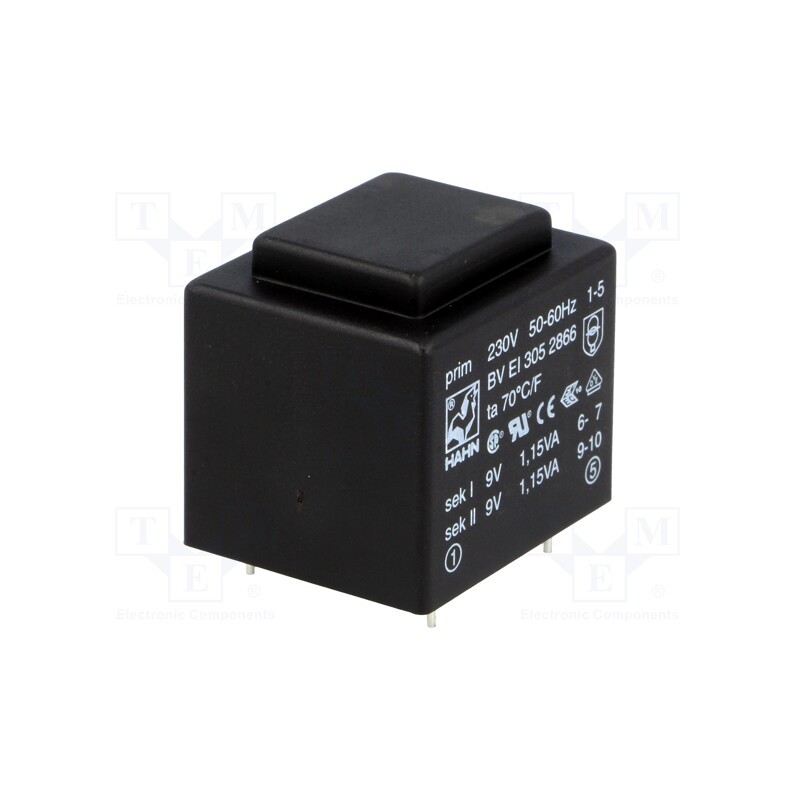 1 pcs x HAHN - BV EI 305 2866 - Transformer: encapsulated, 2.3VA, 230VAC, 9V, 9V, 127mA, 127mA, PCB