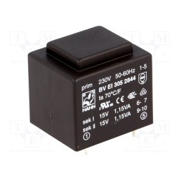 1 pcs x HAHN - BV EI 305 2844 - Transformer: encapsulated, 2.3VA, 230VAC, 15V, 15V, 76mA, 76mA, PCB