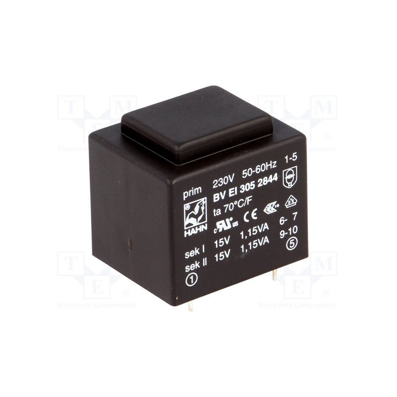1 pcs x HAHN - BV EI 305 2844 - Transformer: encapsulated, 2.3VA, 230VAC, 15V, 15V, 76mA, 76mA, PCB