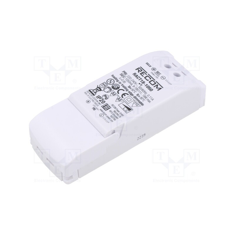 1 pcs x RECOM - RACT18-1050 - Power supply: switched-mode, LED, 18W, 9÷18VDC, 1050mA, 198÷264VAC