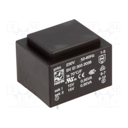 1 pcs x HAHN - BV EI 303 2038 - Transformer: encapsulated, 1.9VA, 230VAC, 15V, 15V, 63mA, 63mA, PCB