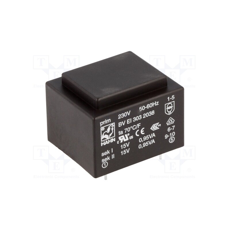 1 pcs x HAHN - BV EI 303 2038 - Transformer: encapsulated, 1.9VA, 230VAC, 15V, 15V, 63mA, 63mA, PCB