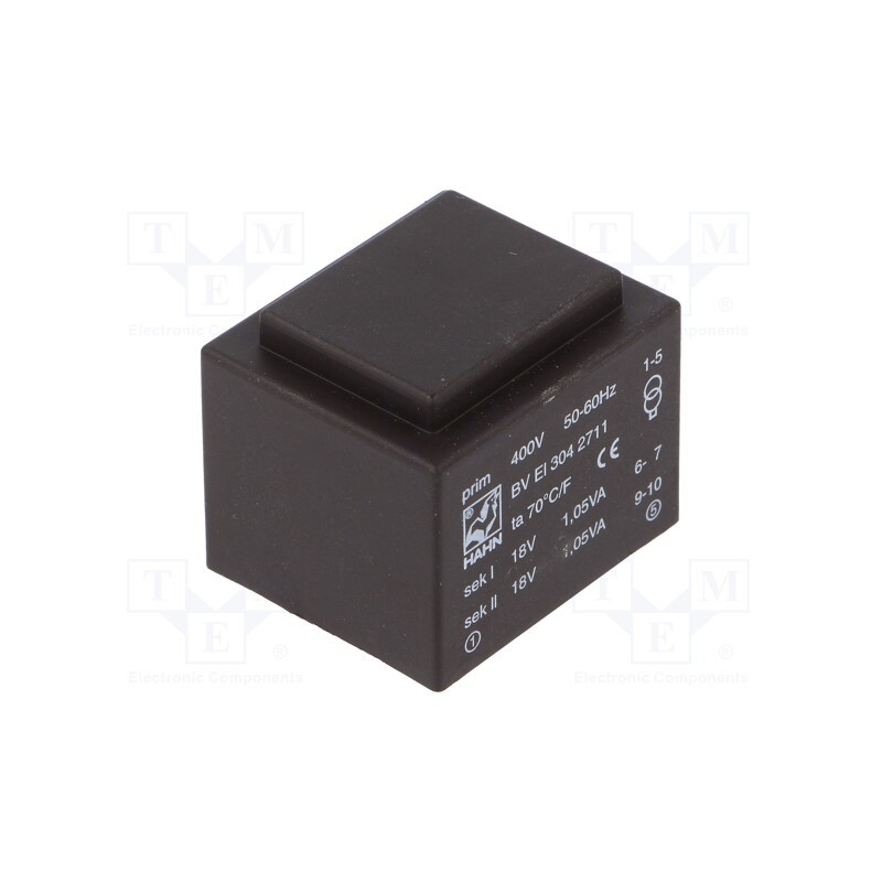 1 pcs x HAHN - BV EI 304 2711 - Transformer: encapsulated, 2.1VA, 400VAC, 18V, 18V, 58mA, 58mA, PCB