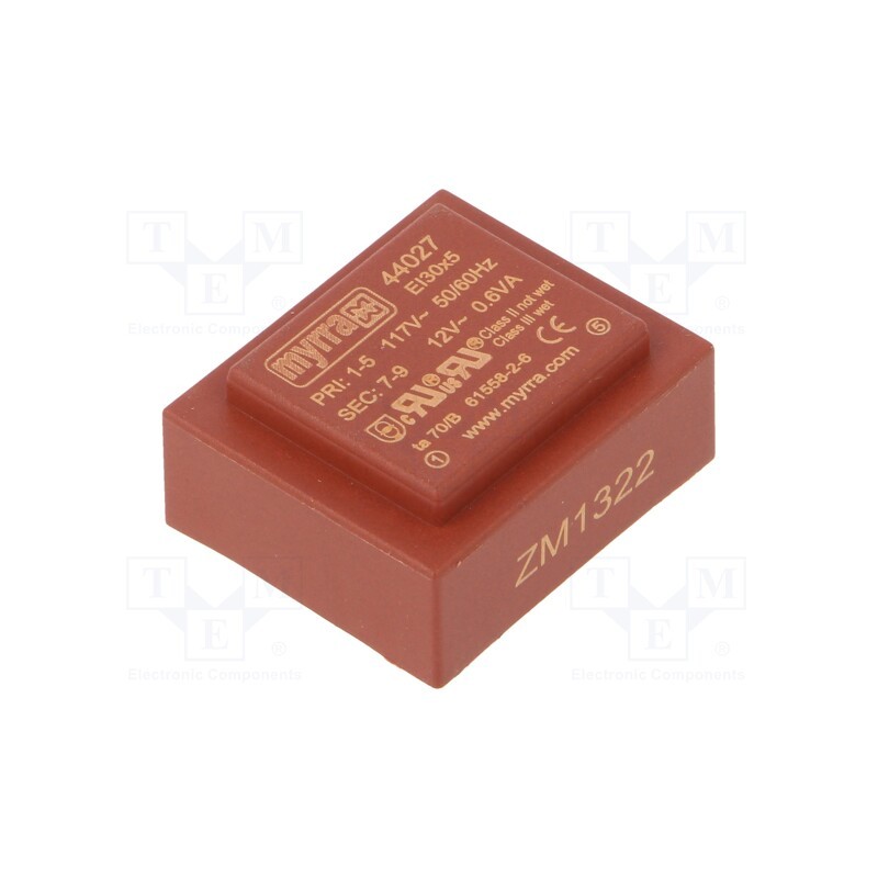 1 pcs x MYRRA - 44027 - Transformer: encapsulated, 0.6VA, 117VAC, 12V, 50mA, PCB