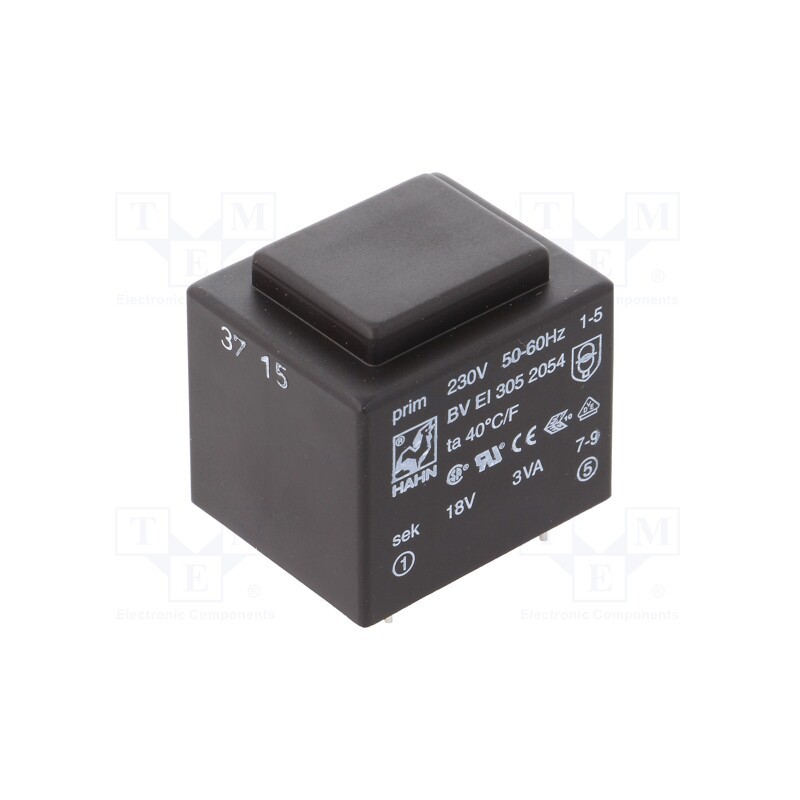 1 pcs x HAHN - BV EI 305 2054 - Transformer: encapsulated, 3VA, 230VAC, 18V, 167mA, PCB, BVEI