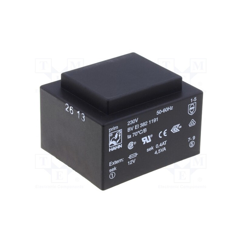1 pcs x HAHN - BV EI 382 1193 - Transformer: encapsulated, 4.5VA, 230VAC, 15V, 300mA, PCB, BVEI