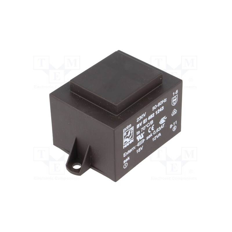 1 pcs x HAHN - BV EI 482 1243 - Transformer: encapsulated, 12VA, 230VAC, 18V, 667mA, PCB, BVEI