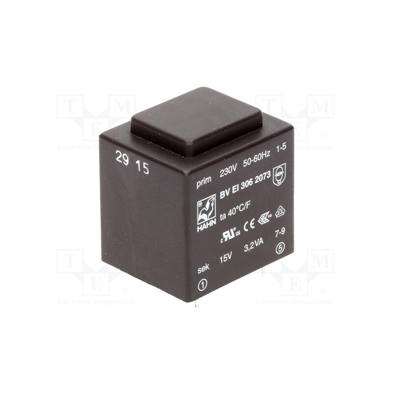 1 pcs x HAHN - BV EI 306 2073 - Transformer: encapsulated, 3.2VA, 230VAC, 15V, 213mA, PCB, BVEI