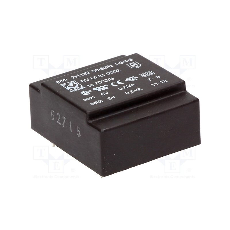 1 pcs x HAHN - BV UI 21 0002 - Transformer: encapsulated, 1VA, 115VACx2, 6V, 6V, 82mA, 82mA, PCB