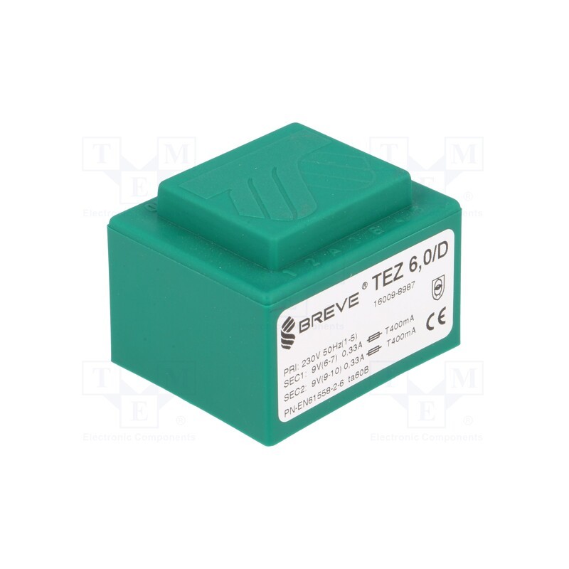 1 pcs x BREVE TUFVASSONS - TEZ6/D230/9-9V - Transformer: encapsulated, 6VA, 230VAC, 9V, 9V, 333.3mA, 333.3mA