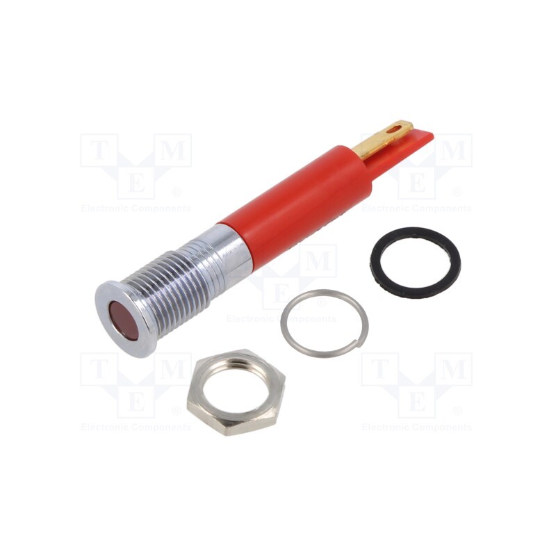 1 pcs x APEM - Q8F1CXXR24E - Indicator: LED, flat, red, Ø8mm, IP67, brass, ØLED: 5mm, Body: red, Q8