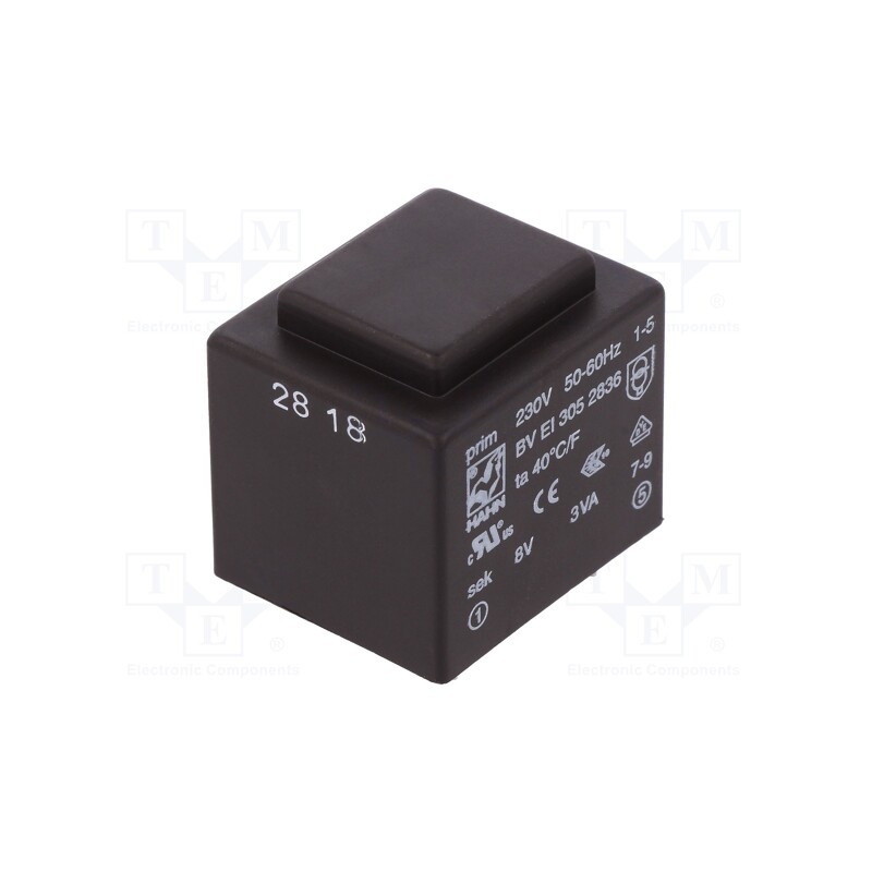 1 pcs x HAHN - BV EI 305 2836 - Transformer: encapsulated, 3VA, 230VAC, 8V, 375mA, PCB, BVEI