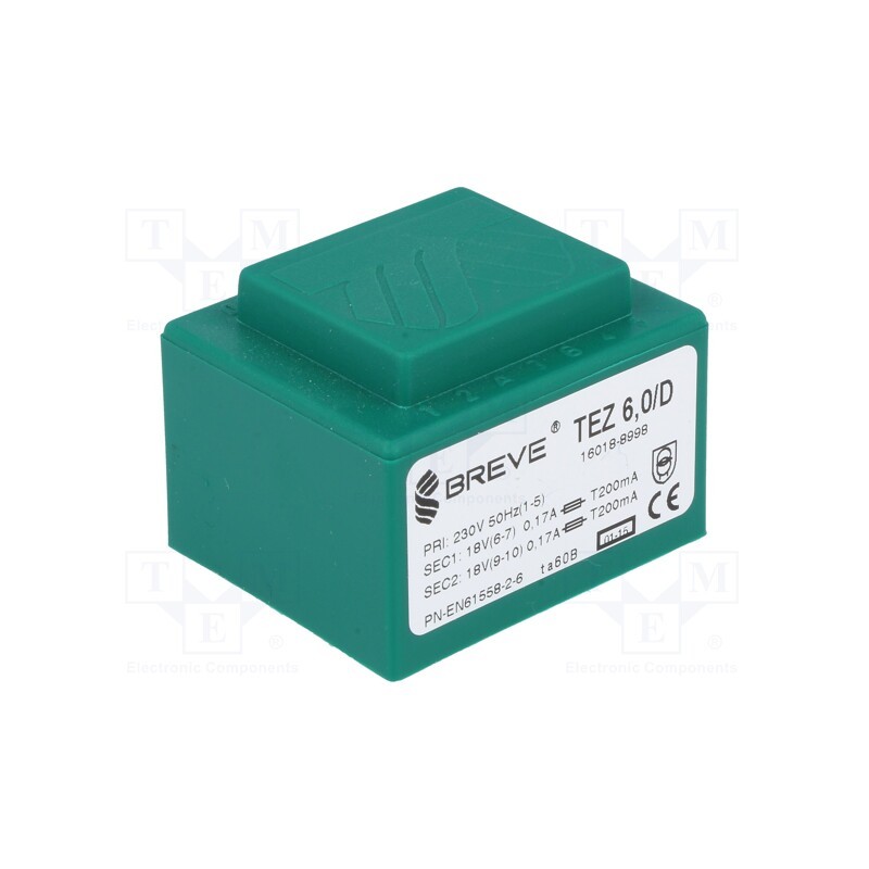 1 pcs x BREVE TUFVASSONS - TEZ6/D230/18-18V - Transformer: encapsulated, 6VA, 230VAC, 18V, 18V, 166.6mA, 166.6mA
