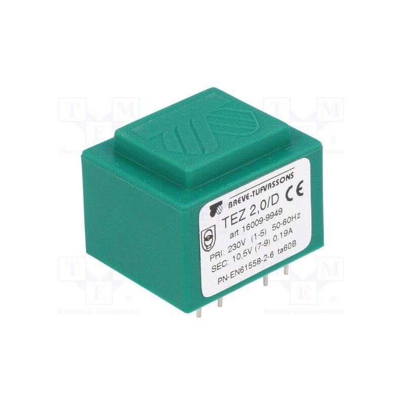 1 pcs x BREVE TUFVASSONS - TEZ2/D230/10.5V - Transformer: encapsulated, 2VA, 230VAC, 10.5V, 190.4mA, PCB, IP00