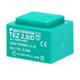 1 pcs x BREVE TUFVASSONS - TEZ2/D230/9V - Transformer: encapsulated, 2VA, 230VAC, 9V, 222.2mA, PCB, IP00, TEZ